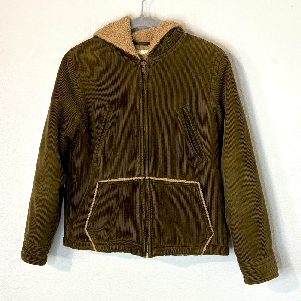J Crew Corduroy Green Sherpa Lined Hooded Jacket XS